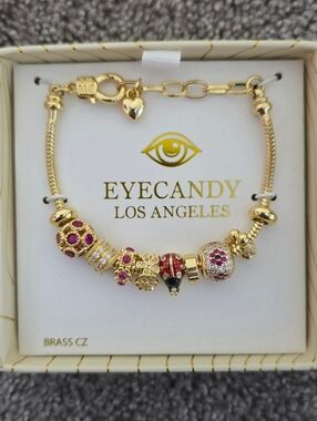 Eyecandy Multi-Color Crystal & Enamel Gold Tone Slide Charm Bracelet